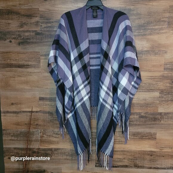 Banana Republic Cashmere Blend Fringe Blanket Wrap Karen Plaid Purple Black - Picture 1 of 8